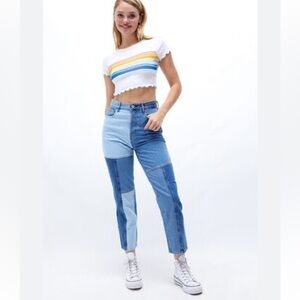 PACSUN Eco Two-Tone Blue Patchwork High Waisted Straight Leg Jeans